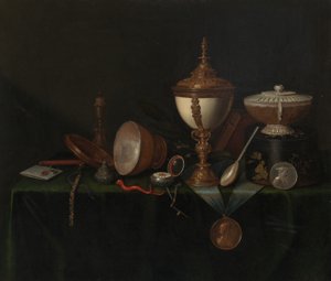 Stillleben mit Straußeneibecher und den Whitfield-Erbstücken, ca. 1670