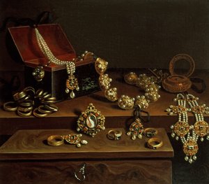 Schmuckkästchen auf einem Tisch, hauptsächlich deutschen Ursprungs (1600-50)