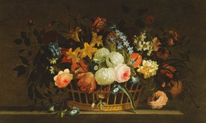 Stillleben mit Blumen in einem Korb auf einem Steinsims