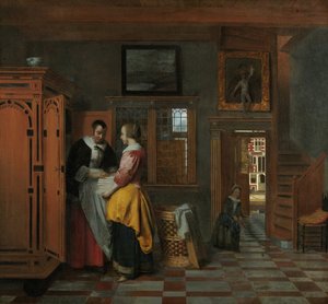 Innenraum mit Frauen neben einer Wäschetruhe, 1663 von Pieter Hooch de