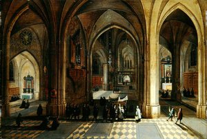Das Innere einer gotischen Kathedrale mit einer Prozession von Pieter II and Franken Frans II Neefs