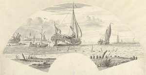 Ansicht einiger Boote auf dem Wasser und einer Mühle bei einer Kirche von Pieter Idserts