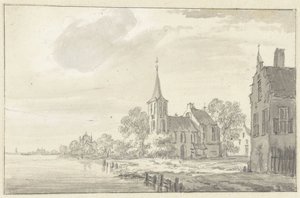 Dorfkirche und Häuser an einem Fluss
