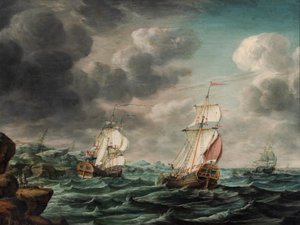 Ein niederländisches Kriegsschiff und Handelsschiffe vor einem felsigen Kap von Pieter Jochums Lofvers