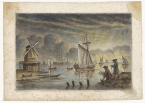 Küstenansicht mit Schiffen, Mühle und einem Zeichner von Pieter Louw (attributed to)