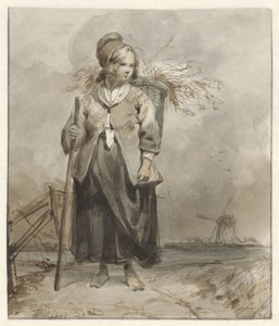 Stehende Frau mit Stock und Korb auf dem Rücken von Pieter Marinus van de Laar (attributed to)