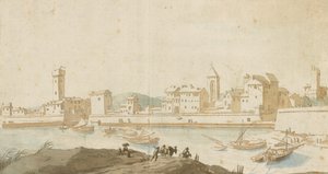 Ansicht von Civitavecchia mit der Hafenmauer von Pieter Moninckx