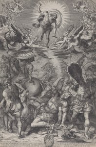 Die Bekehrung des Saulus, der auf dem Boden liegt, umgeben von Pferden und Soldaten, als Christus, 1583 von Pieter Perret
