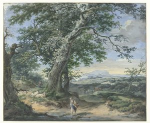 Hügelige Landschaft mit schweren Bäumen und menschlicher Staffage von Pieter Pietersz. Barbiers