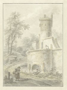 Landschaft mit Angler und spazierende Frau bei einem Festungsturm von Pieter Pietersz. Barbiers