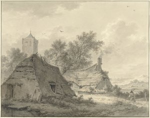Landschaft mit zwei Bauernhöfen und einem Kirchturm von Pieter Pietersz. Barbiers