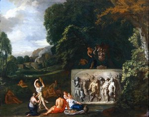 Klassische Landschaft mit tanzenden Mädchen bei einem Sarkophag, der den Triumph des Silenus darstellt