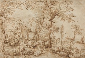 Bauern und Vieh in der Nähe eines Bauernhauses, ca. 1553-54 von Pieter Bruegel the Elder