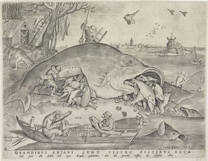 Große Fische fressen die kleinen Fische, graviert von Pieter van der Heyden von Pieter The Elder after Brueghel