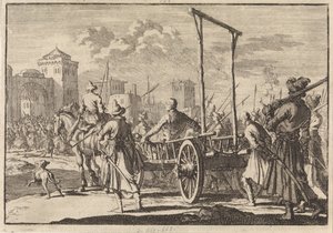 Ankunft von Stepan Razin und seinem Bruder Frol in einem Eisenkäfig in Moskau, 1671, 1698 von Pieter Van der Aa