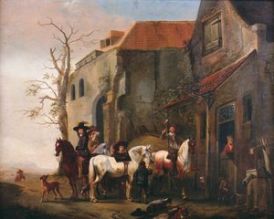 Reiter und Pferde an der Tür eines Gasthauses