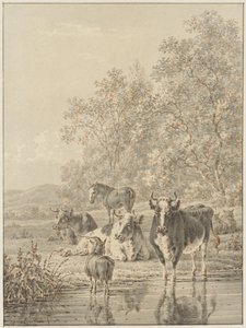 Landschaft mit Vieh am Wasser