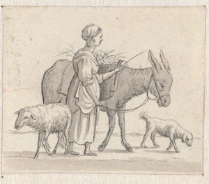 Frau mit Esel, Schaf und Hund