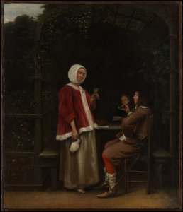 Eine Frau und zwei Männer in einer Laube von Pieter de Hooch