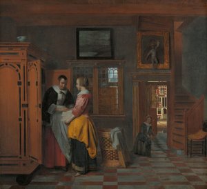 Innenraum mit Frauen neben einem Wäscheschrank