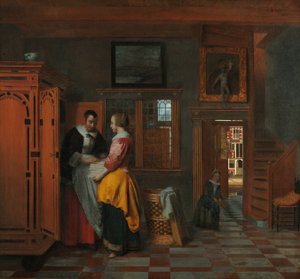 Innenraum mit Frauen neben einem Wäscheschrank von Pieter de Hooch