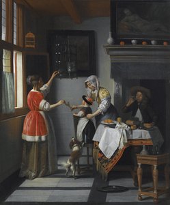 Interieur mit einem Kind, das einen Papagei füttert von Pieter de Hooch
