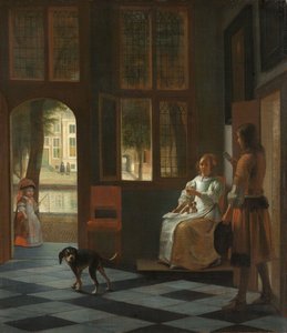 Mann übergibt einer Frau einen Brief in der Eingangshalle eines Hauses von Pieter de Hooch