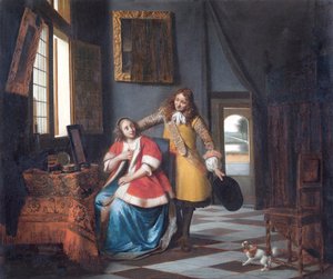 Der Eindringling: Eine Dame an ihrem Toilettentisch, überrascht von ihrem Liebhaber von Pieter de Hooch