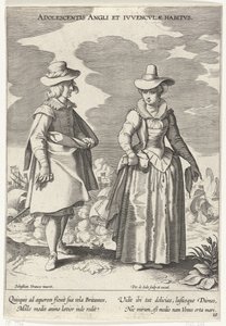 Paar, gekleidet nach englischer Mode, ca. 1610 (Adolescentis Angli et Ivvenclvae Habitvs) (Kostüme aus verschiedenen Ländern) (Variarum Gentium Ornatus) von Pieter de Jode (I)