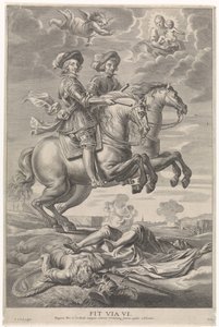 Ferdinand von Österreich mit Ferdinand, König von Böhmen und Ungarn, zu Pferd bei der Schlacht von Nördlingen von Pieter de Jode (II)