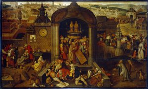 Christus vertreibt die Geldwechsler aus dem Tempel. Mit Szenen der Passion Christi im Hintergrund, vor dem Panorama der Stadt. Gemälde eines holländischen Künstlers, beeinflusst von Hieronymus Bosch von Pieter Bruegel the Elder
