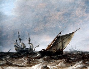 Ein Smalschip und ein Kriegsschiff in stürmischer See von Pieter the Elder Mulier