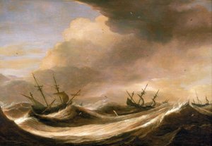 Schiffe auf hoher See fliehen vor dem Sturm, reduzierte Segel, von starken Wellen geschüttelt. Öl auf Holz, um 1640, von Pieter Mulier