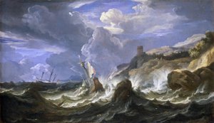 Schiffswrack in einem Sturm in der Nähe einer felsigen Küste, Mitte des 17. Jahrhunderts