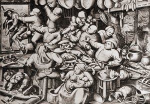 Bettler, der aus der Küche eines reichen Mannes geworfen wird, im 16. Jahrhundert (Gravur) von Pieter the Younger Brueghel