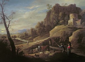 Landschaft mit Bauern, die ihre Tiere versorgen