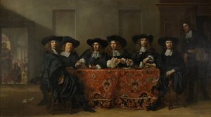 Sechs Regenten und der Hausmeister des Oude Zijds Instituts für die Außenhilfe der Armen, Amsterdam, 1675 von Pieter van Anraedt