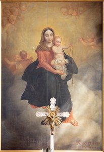 Innenansicht, Gemälde "Unsere Liebe Frau mit Kind mit Rosenkranz", Altarbild am Hauptaltar von Pierre Van Hanselaere von Pieter van Hanselaere