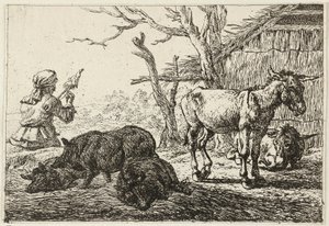Schweine und Esel in einem Stall, links eine Spinnerin von Pieter van Laer