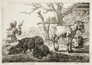 Schweine und Esel in einem Stall, links eine Spinnerin von Pieter van Laer