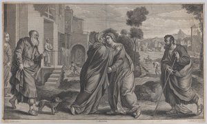 Heimsuchung, Heilige Elisabeth umarmt die Jungfrau in der Mitte, während der Heilige Josef zu Fuß geht, ca. 1656-1660 von Pieter van Lisebetten