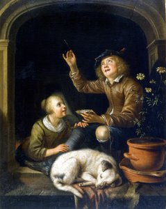 Die Seifenblase. Gemälde von Pieter Corneliszoon van Slingelandt (1625 - 1691). Mailand Museo del Castello. von Pieter van Slingelandt