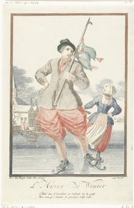 Schlittschuhfahrender Mann mit drei Enten an einem Stock von Pieter van den Berge