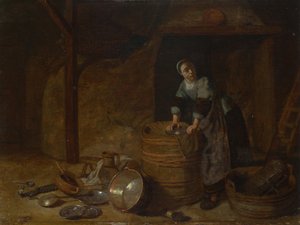 Eine Frau, die einen Topf scheuert, ca. 1650-1660