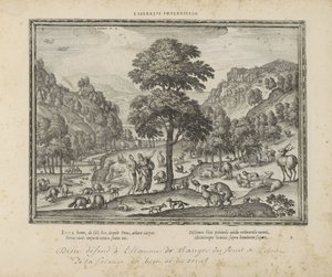 Gott zeigt Adam das Paradies