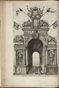 Flüsse Tagus, Plata, Ganges und Hydaspes. Die Rückseite des portugiesischen Triumphbogens, Einzug von Ernst, Erzherzog von Österreich, in Antwerpen, veröffentlicht 1595 (Gravur) von Pieter van der Borcht