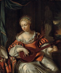 Eine Dame, die Laute in einer Portikus spielt