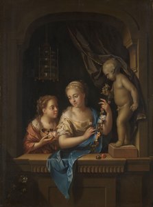 Zwei Mädchen mit Blumen bei einer Statue von Cupido von Pieter van der Werff