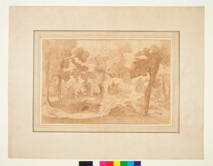 Landschaft mit einem Ruinengebäude zwischen Bäumen