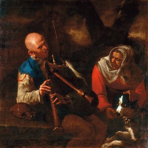 Ein Bauer spielt Dudelsack und eine alte Frau hört mit einem Hund zu